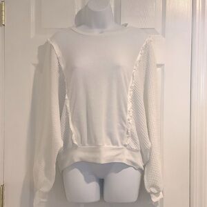 SIX/FIFTY Women’s White Loose Waffle Batwing Boho Coastal Cowgirl Fringe Top S